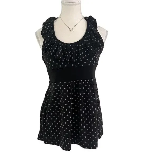 Black & White Polka Dot Baby Doll Cami With Cross Back & Ruffle Detail Size M - Picture 1 of 4